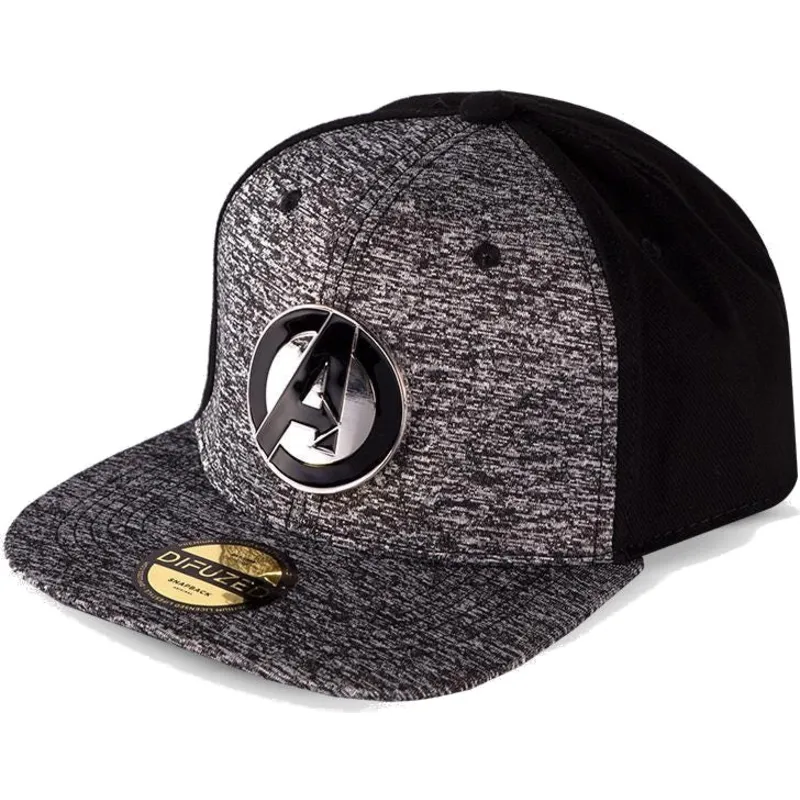 berretto-piatto-grigio-e-nero-snapback-metal-avengers-logo-marvel-comics-di-difuzed