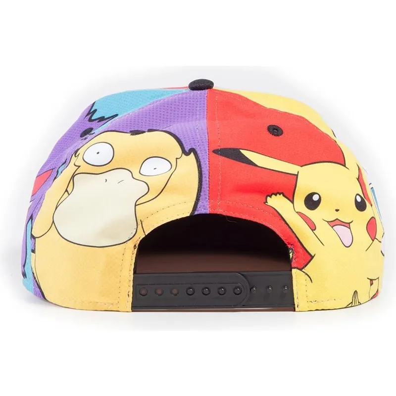 berretto-piatto-multicolore-snapback-pikachu-squirtle-gengar-psyduck-jigglypuff-multi-pop-art-pokemon-di-difuzed