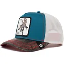 gorra-trucker-blu-bianca-e-nera-dinosauro-velociraptor-clever-swift-robber-the-farm-di-goorin-bros