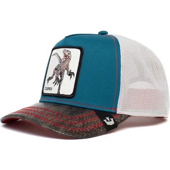 Gorra trucker azul, blanca y negra dinosaurio Velociraptor Clever Swift Robber The Farm de Goorin Bros.