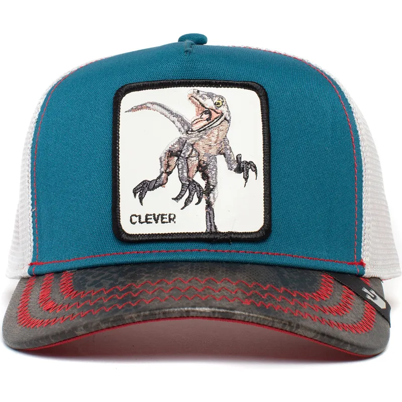 gorra-trucker-bla-hvid-og-sort-dinosaur-velociraptor-clever-swift-robber-the-farm-fra-goorin-bros