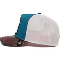 gorra-trucker-blu-bianca-e-nera-dinosauro-velociraptor-clever-swift-robber-the-farm-di-goorin-bros