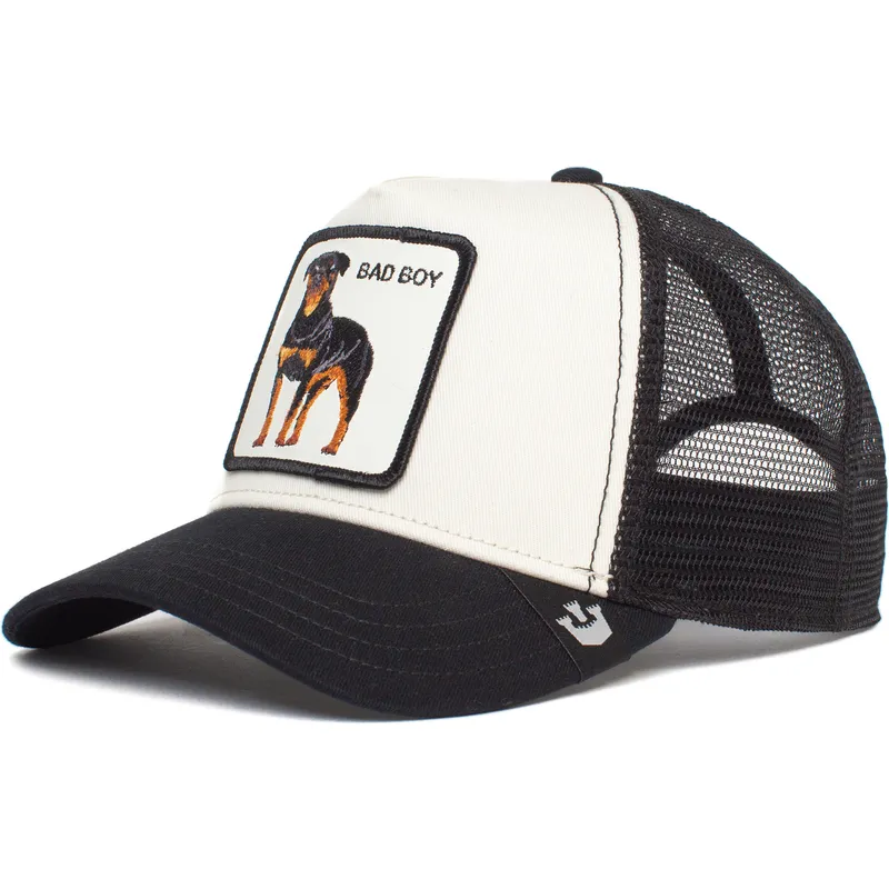 trucker-cap-weiss-und-schwarz-hund-rottweiler-bad-boy-the-baddest-boy-the-farm-von-goorin-bros