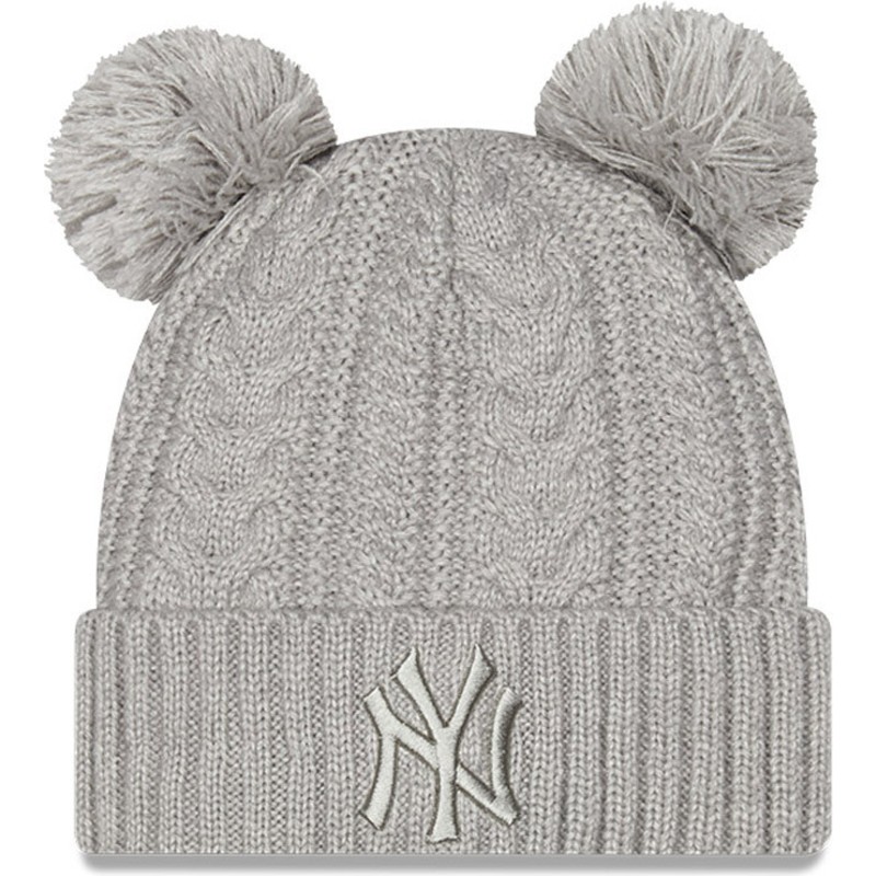 new-era-women-grey-logo-cuff-double-new-york-yankees-mlb-grey-beanie-with-pompom