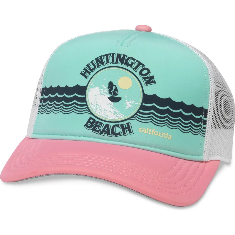 cappellino-trucker-verde-bianco-e-rosa-snapback-huntington-beach-california-riptide-valin-di-american-needle