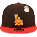 casquette-plate-marron-et-rouge-ajustee-59fifty-the-elements-fire-pin-los-angeles-dodgers-mlb-new-era