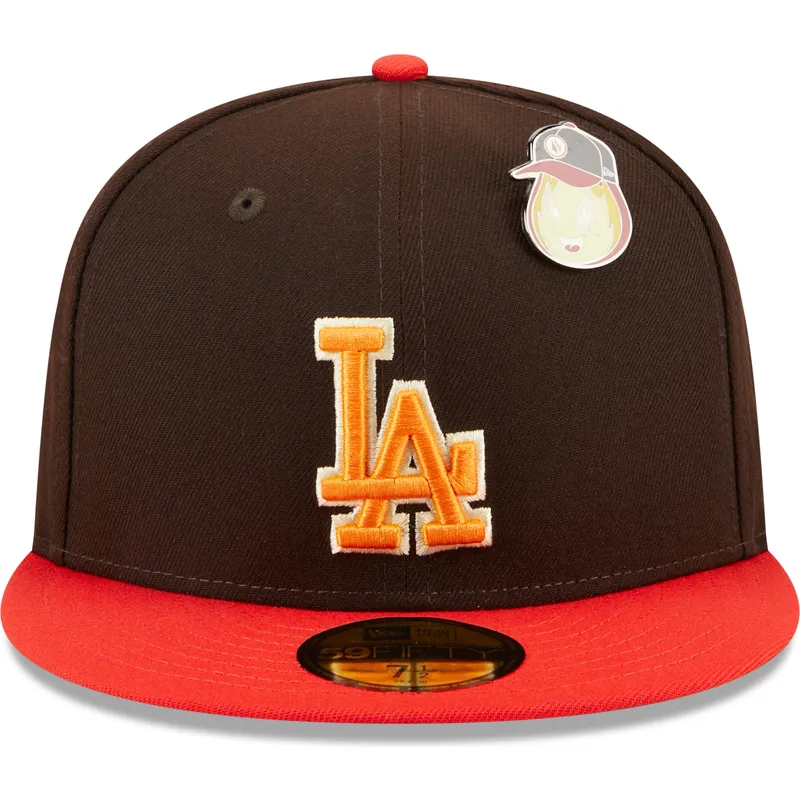 cappello-piatto-marrone-e-rosso-regolato-59fifty-the-elements-fire-pin-dei-los-angeles-dodgers-mlb-di-new-era