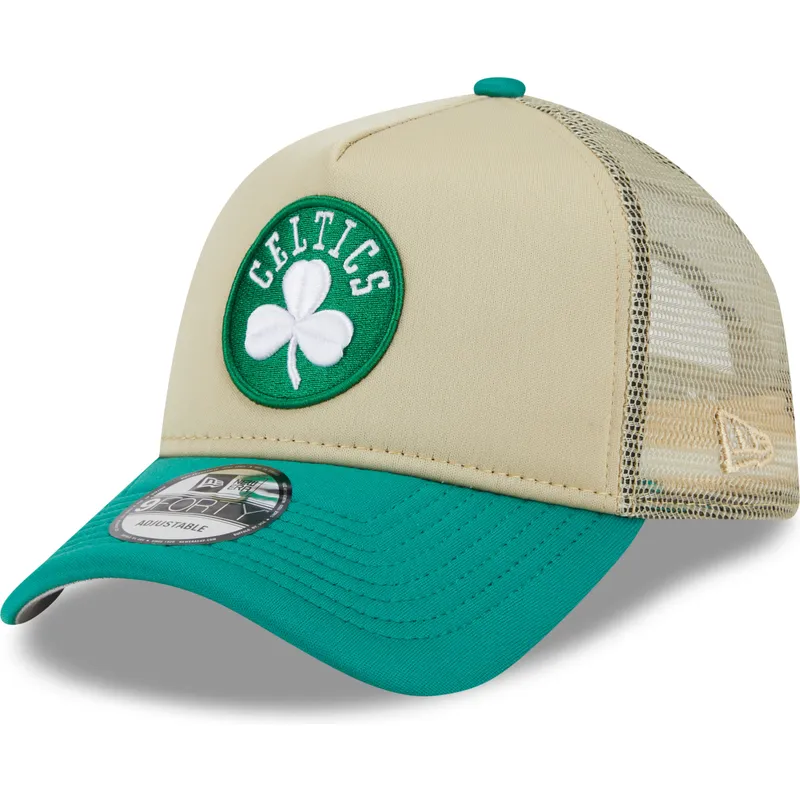 New Era 9FORTY A Frame All Day Trucker Boston Celtics NBA Beige and