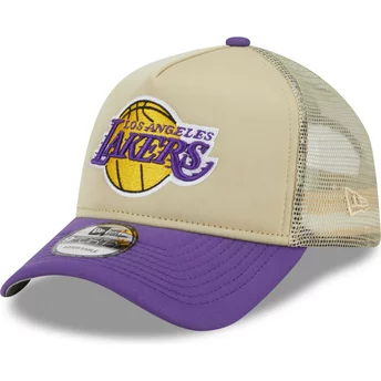 New Era 9FORTY A Frame All Day Trucker Los Angeles Lakers NBA Beige and Purple Trucker Hat
