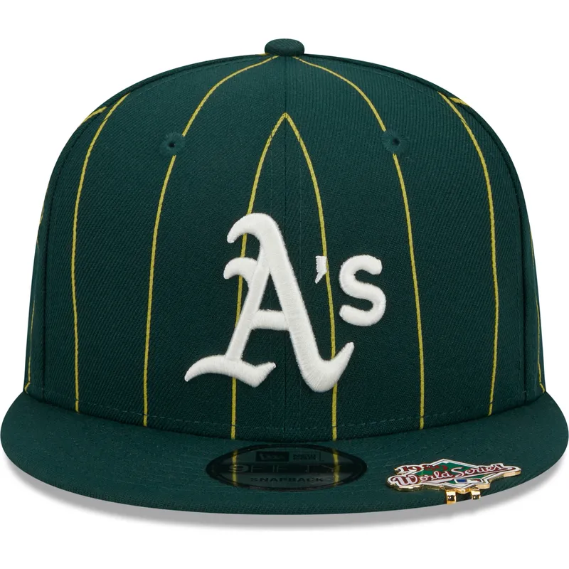 cappello-piatto-verde-snapback-9fifty-pinstripe-visor-clip-di-oakland-athletics-mlb-di-new-era