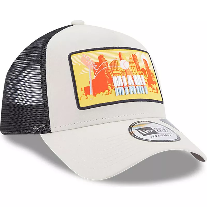 new-era-a-frame-repreve-license-plate-miami-beige-trucker-hat