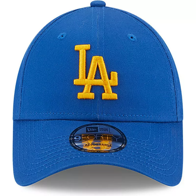 new-era-curved-brim-yellow-logo-9forty-league-essential-los-angeles-dodgers-mlb-blue-adjustable-cap