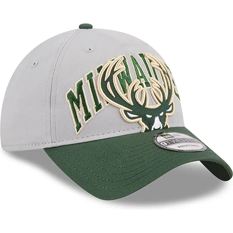 szara-i-zielona-zakrzywiona-czapka-regulowana-9twenty-tip-off-2023-milwaukee-bucks-nba-od-new-era