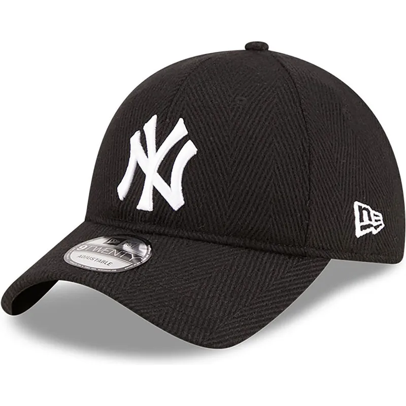 schwarze-verstellbare-9twenty-herringbone-curved-cap-der-new-york-yankees-mlb-von-new-era