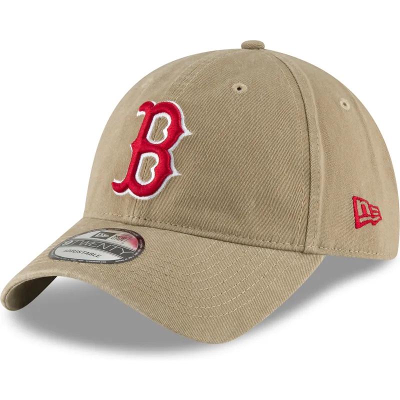 justerbar-lysebrun-buet-kasket-med-rod-logo-9twenty-core-classic-fra-boston-red-sox-mlb-fra-new-era