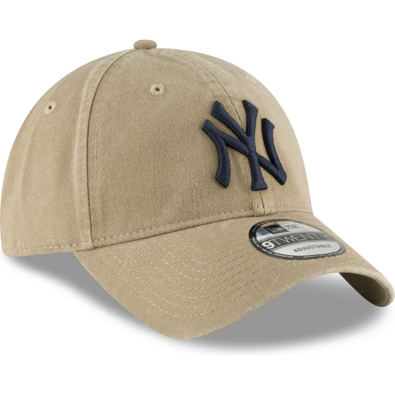 justerbar-lysebrun-buet-kasket-med-marineblat-logo-9twenty-core-classic-fra-new-york-yankees-mlb-fra-new-era