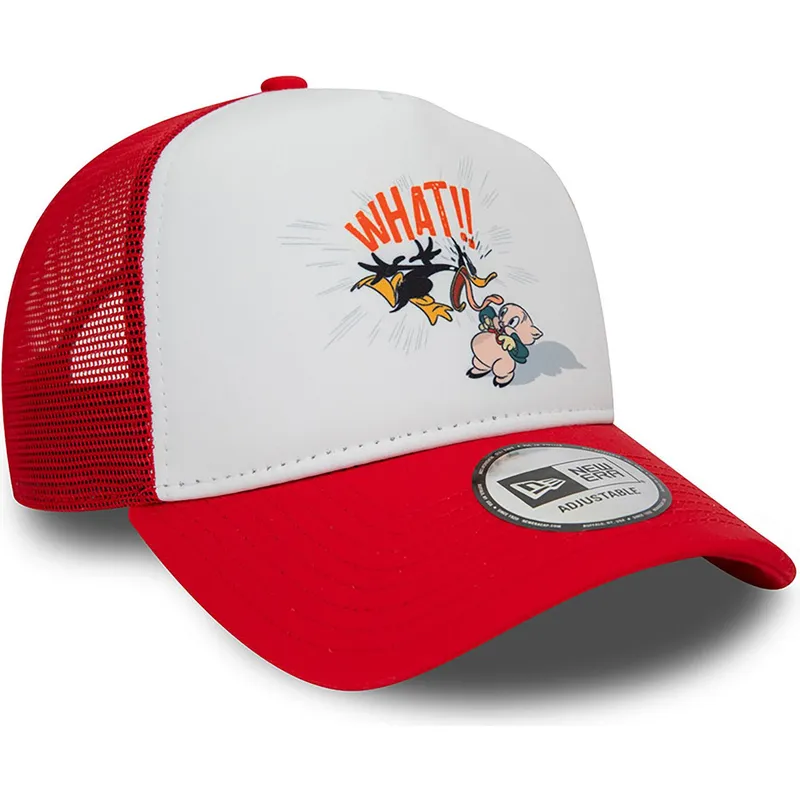 weisse-und-rote-a-frame-trucker-kappe-mit-daffy-duck-und-porky-pig-looney-tunes-von-new-era