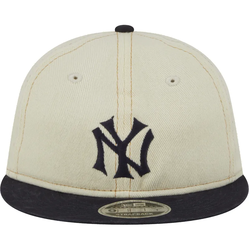 cappello-piatto-beige-e-blu-marino-regolabile-9fifty-retro-crown-denim-dei-new-york-yankees-mlb-di-new-era