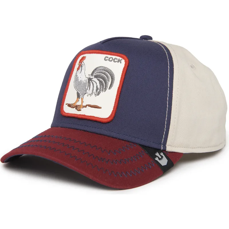 cappellino-curvo-blu-marino-beige-e-rosso-snapback-gallo-cock-all-american-rooster-100-the-farm-all-over-canvas-di-goorin-bros