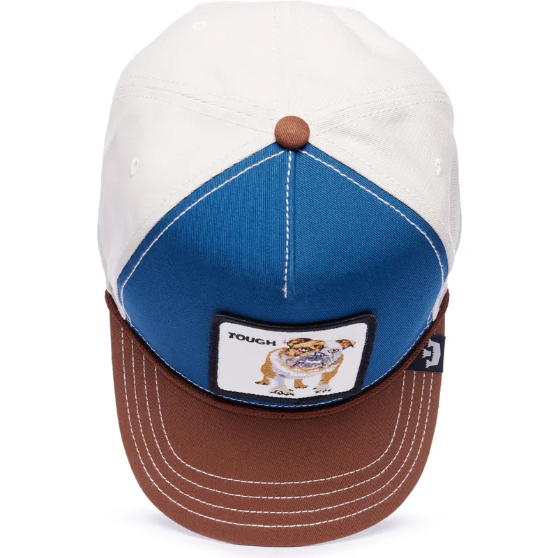 cappellino-visiera-curva-blu-bianco-e-marrone-snapback-cane-bulldog-tough-bully-100-the-farm-all-over-canvas-di-goorin-bros