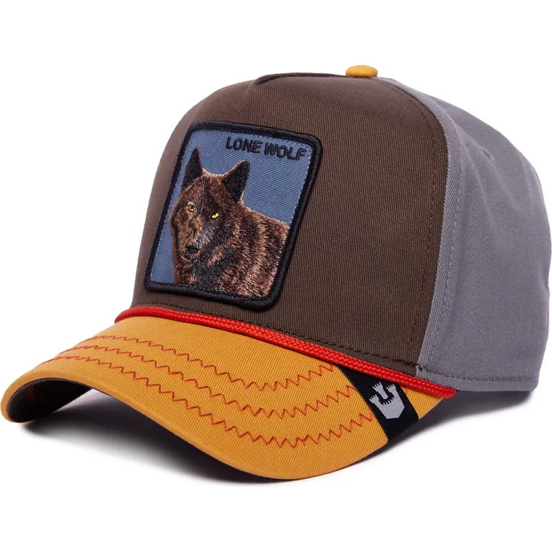 braune-graue-und-orangefarbene-curved-cap-snapback-wolf-lone-wolf-100-the-farm-all-over-canvas-von-goorin-bros