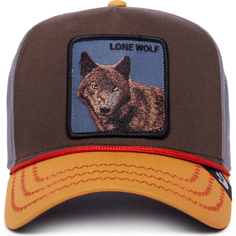 cappellino-visiera-curva-marrone-grigio-e-arancione-snapback-lupo-lone-wolf-100-the-farm-all-over-canvas-di-goorin-bros