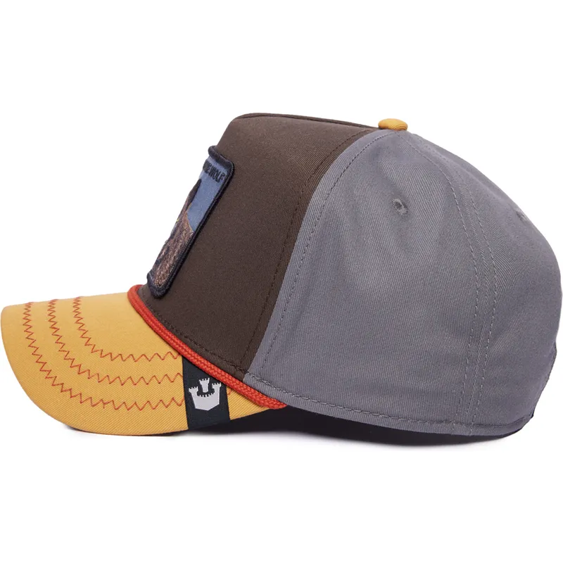 braune-graue-und-orangefarbene-curved-cap-snapback-wolf-lone-wolf-100-the-farm-all-over-canvas-von-goorin-bros