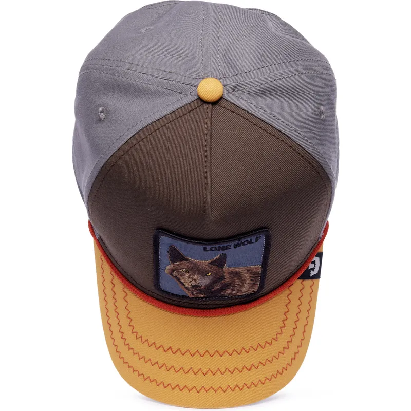 cappellino-visiera-curva-marrone-grigio-e-arancione-snapback-lupo-lone-wolf-100-the-farm-all-over-canvas-di-goorin-bros