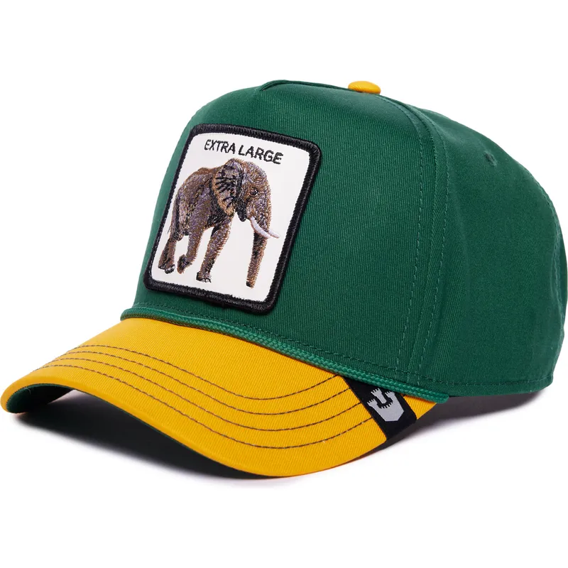 cappellino-visiera-curva-verde-e-giallo-snapback-elefante-extra-large-100-the-farm-all-over-canvas-di-goorin-bros