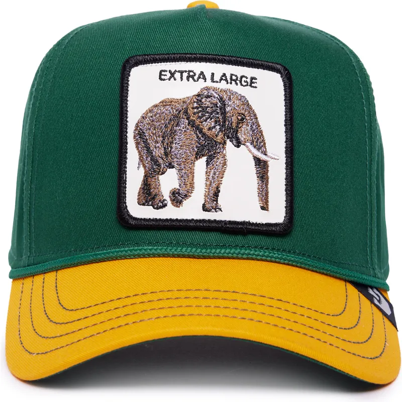 cappellino-visiera-curva-verde-e-giallo-snapback-elefante-extra-large-100-the-farm-all-over-canvas-di-goorin-bros