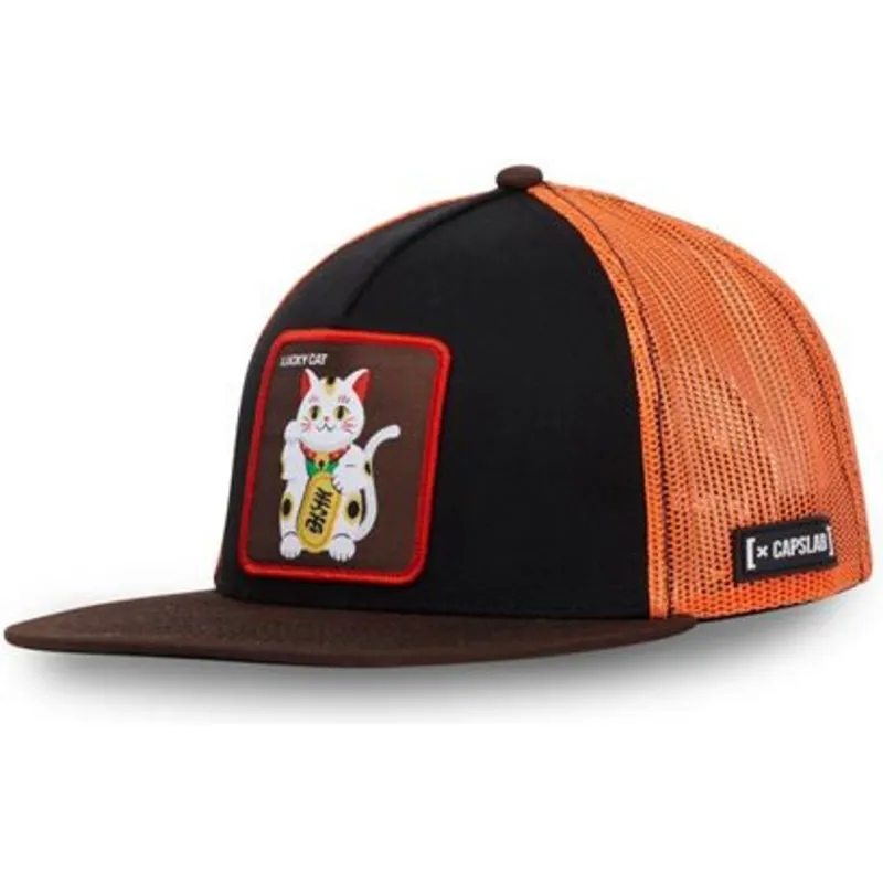 gorra-plana-trucker-negra-y-naranja-maneki-neko-lucky-cat-luc-de-capslab