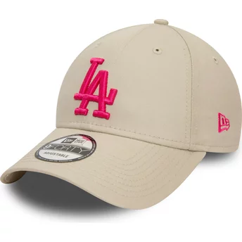 New Era Curved Brim Pink Logo 9FORTY League Essential Los Angeles Dodgers MLB Beige Adjustable Cap