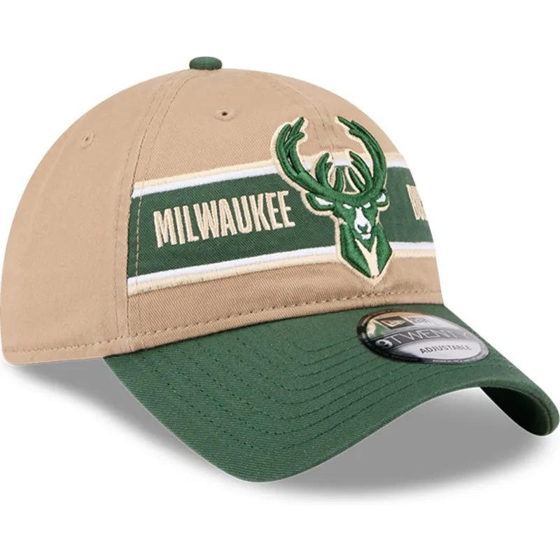 cappellino-curvo-marrone-e-verde-regolabile-9twenty-draft-2024-di-milwaukee-bucks-nba-di-new-era