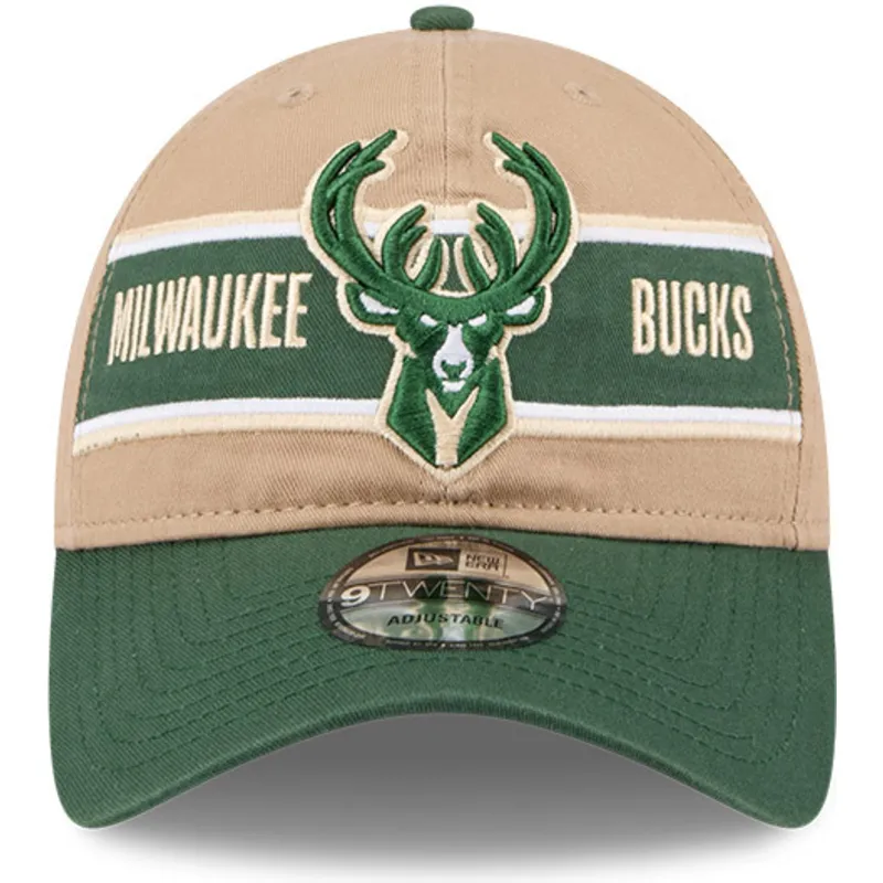 justerbar-brun-och-gron-kurvskarmkeps-9twenty-draft-2024-milwaukee-bucks-nba-fran-new-era
