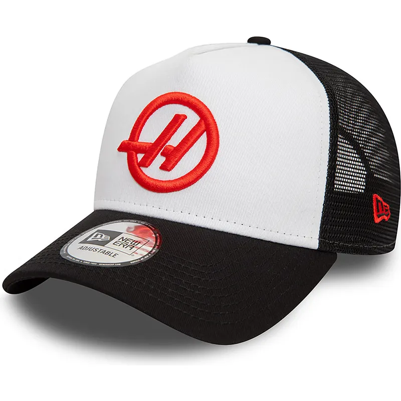 weisse-und-schwarze-trucker-cap-e-frame-von-haas-f1-team-formula-1-von-new-era