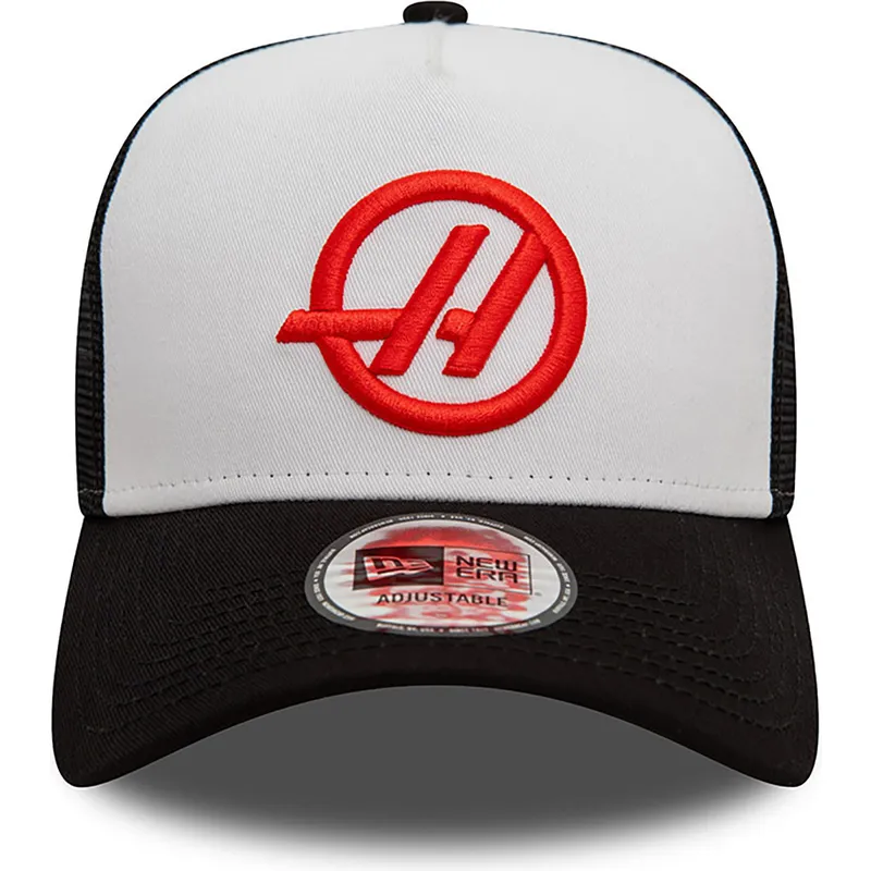 cappellino-trucker-bianco-e-nero-e-frame-di-haas-f1-team-formula-1-di-new-era