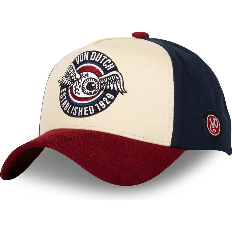 cappellino-curvo-beige-blu-e-rosso-snapback-vint02-di-von-dutch