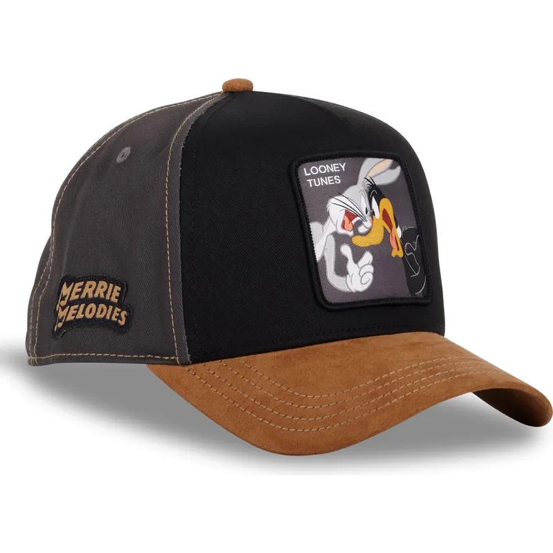 schwarze-und-braune-snapback-cap-mit-gebogenem-schirm-bugs-bunny-und-daffy-duck-loo10-bad-looney-tunes-von-capslab
