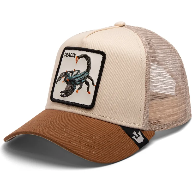 cappellino-trucker-beige-e-marrone-scorpione-deadly-the-deadliest-scorpion-eco-brutalism-the-farm-di-goorin-bros