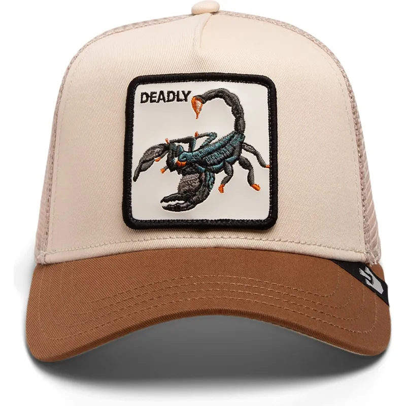 cappellino-trucker-beige-e-marrone-scorpione-deadly-the-deadliest-scorpion-eco-brutalism-the-farm-di-goorin-bros