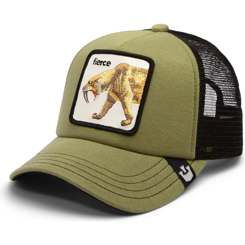 cappellino-trucker-verde-e-nero-per-bambino-denti-a-sciabola-fierce-cat-teefs-extinct-the-farm-di-goorin-bros