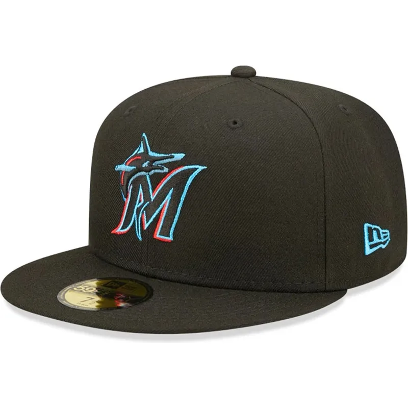 schwarze-enganliegende-59fifty-ac-perf-flatcap-der-miami-marlins-mlb-von-new-era