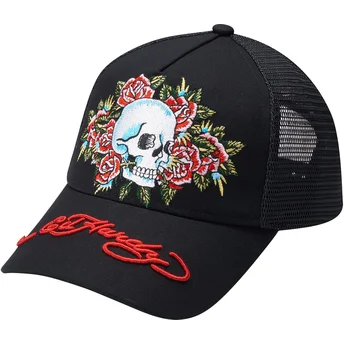 Gorra trucker negra Skull Rose de Ed Hardy