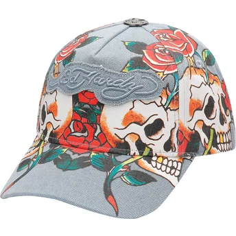 Cappellino curvo blu regolabile Skull Rose Denim di Ed Hardy