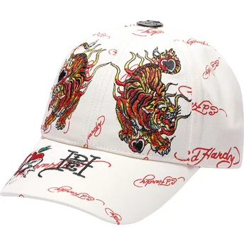 Ed Hardy Curved Brim Tiger Flames Beige Adjustable Cap