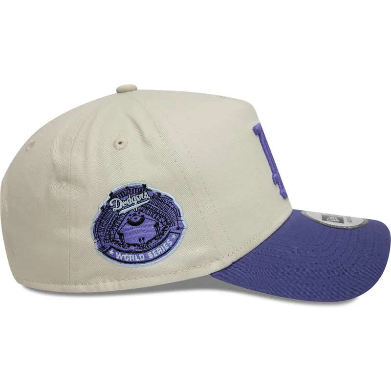 cappellino-curvo-beige-e-viola-snapback-con-logo-viola-9forty-a-frame-world-series-patch-di-los-angeles-dodgers-mlb-di-new-era