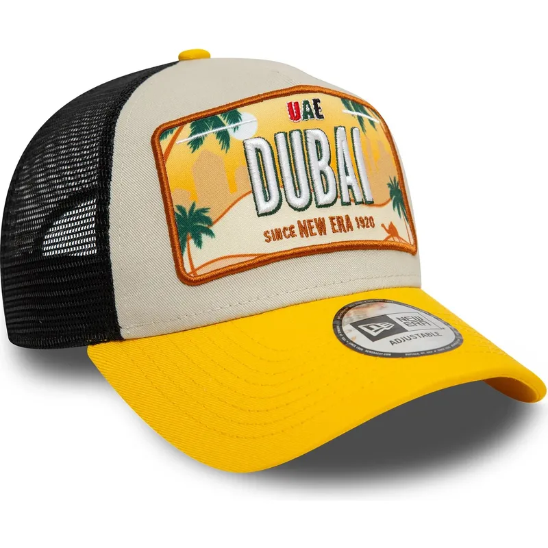 beige-og-gul-trucker-kasket-9forty-a-frame-license-plate-fra-dubai-byer-og-strande-fra-new-era