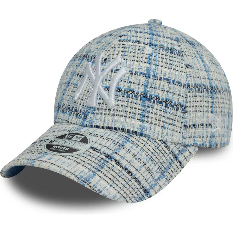 blaue-gebogene-verstellbare-damenkappe-9forty-tweed-der-new-york-yankees-mlb-von-new-era