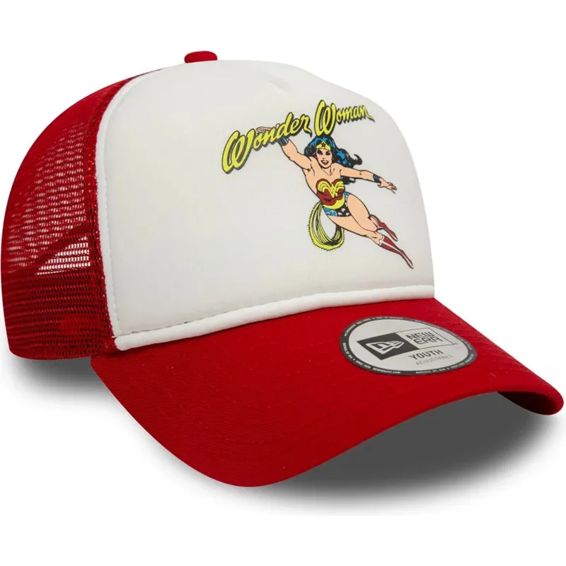 weiss-rote-9forty-a-frame-trucker-cap-fur-kinder-von-wonder-woman-dc-comics-von-new-era