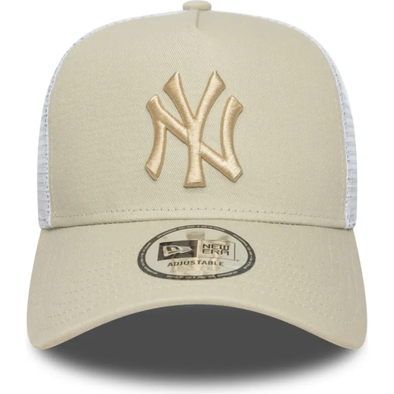 gorra-trucker-beige-og-hvid-med-beige-logo-a-frame-league-essential-fra-new-york-yankees-mlb-fra-new-era